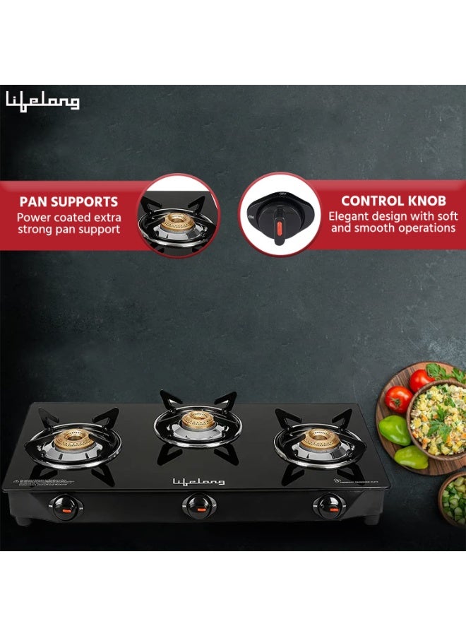 Lifelong 3 Burner Gas Stove Top for Kitchen - Manual Ignition Cooktop Modern Glass Stove for Modular Kitchen, ISI Certified & Compatible with LPG - 1 Year Manufacturer's (Black - Image 4