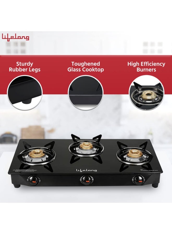 Lifelong 3 Burner Gas Stove Top for Kitchen - Manual Ignition Cooktop Modern Glass Stove for Modular Kitchen, ISI Certified & Compatible with LPG - 1 Year Manufacturer's (Black - Image 2