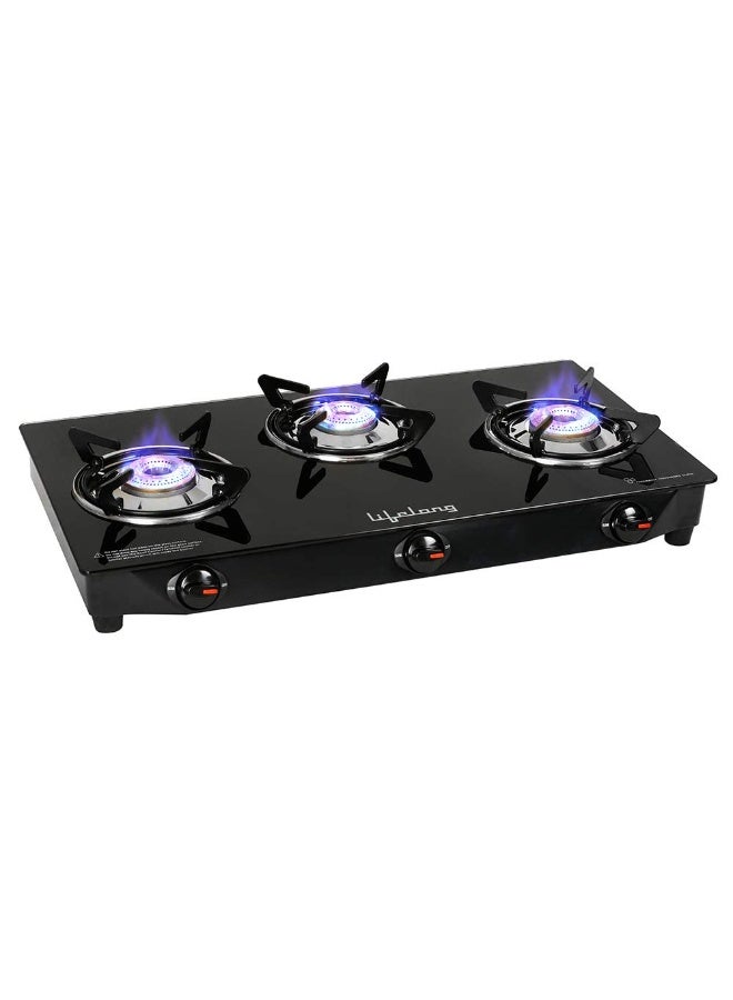 Lifelong 3 Burner Gas Stove Top for Kitchen - Manual Ignition Cooktop Modern Glass Stove for Modular Kitchen, ISI Certified & Compatible with LPG - 1 Year Manufacturer's (Black - Image 1