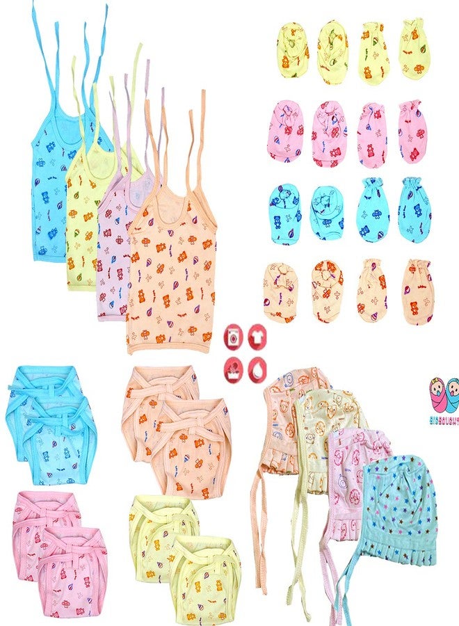 Bigbought Born Baby All In One Combo Pack, Zhabla (4 Piece), Nappy (Langot) (8 Piece), Hand Mittens (4 Pair), Leg Booties (4 Pair) and Cap (4 Piece), All Hosiery Soft Cloth, 0 to 4 Months (Multicolor) (Assorted) - Image 1