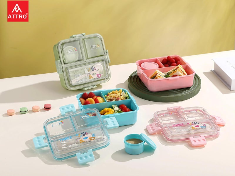 ATTRO Tasty Bite 3 Compartment Lunch Box with Small Container & Spoon BPA Free Food Grade Leak-Proof Microwave Safe Ideal for Kids-1020ml+70ml Peach, Plastic - Image 3