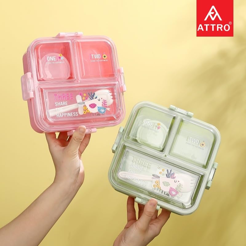ATTRO Tasty Bite 3 Compartment Lunch Box with Small Container & Spoon BPA Free Food Grade Leak-Proof Microwave Safe Ideal for Kids-1020ml+70ml Peach, Plastic - Image 2