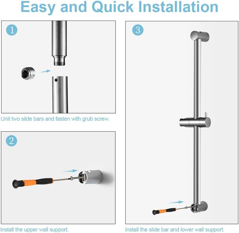 Offo Shower Slide Bar 24 in Segmental Slide Bar Adjustable Installation Distance 18-24 in with 360° Adjustable Handheld Shower Head Holder for Bathroom, Screw Wall Mounted, Chrome Finish - Image 4