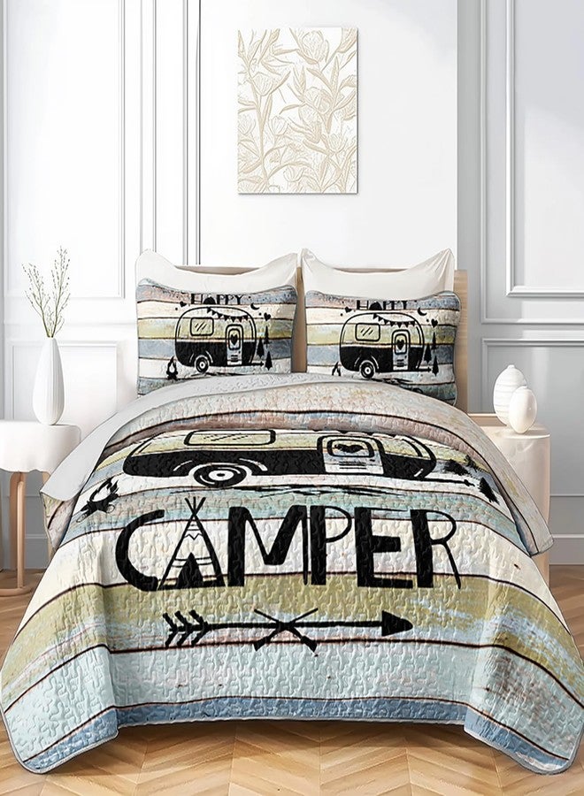 HOSIMA Vintage Camper King Quilt Set,Lightweight Bedding Set for Adults,Camping Travel Trailer Printed Quilt for Camper Decor,Happy Camping Themed Bedding with 2 Pillowcases. - Image 1