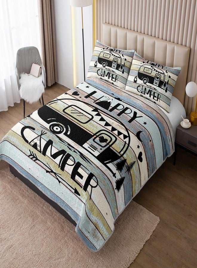 HOSIMA Vintage Camper King Quilt Set,Lightweight Bedding Set for Adults,Camping Travel Trailer Printed Quilt for Camper Decor,Happy Camping Themed Bedding with 2 Pillowcases. - Image 2