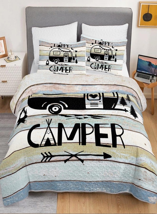 HOSIMA Vintage Camper King Quilt Set,Lightweight Bedding Set for Adults,Camping Travel Trailer Printed Quilt for Camper Decor,Happy Camping Themed Bedding with 2 Pillowcases. - Image 3