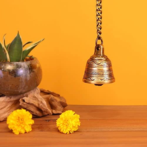 DOKCHAN Brass Decorative Hanging Bells for Home Decoration (Set of 1, Pure Brass, 2.3X2.3X2.3 Inch, 277 Gram) | Decorative Items Bell for Mandir Bell for Pooja Room (Chain Size 11.4 Inch) - Image 1
