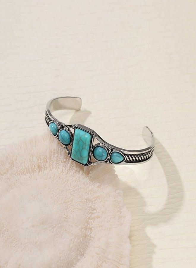 Pingyongchang Vintage Turquoise Cuff Bracelet for Women Bohemian South Western Bangle Adjustable Cowgirl Overlay Handmade Bracelets Mother's Day Birthday Gift-Square - Image 2