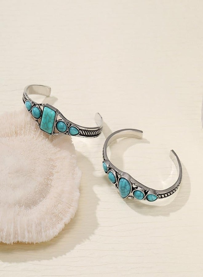 Pingyongchang Vintage Turquoise Cuff Bracelet for Women Bohemian South Western Bangle Adjustable Cowgirl Overlay Handmade Bracelets Mother's Day Birthday Gift-Square - Image 3