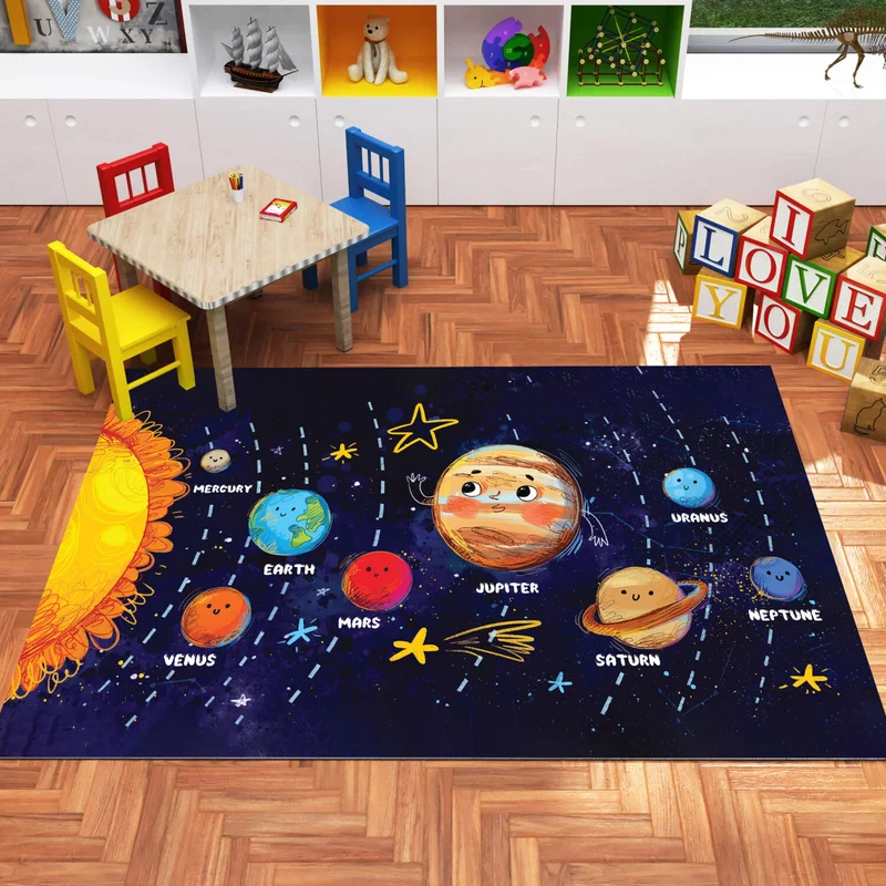 فاجونيك Wagonik Space and Planet Patterned Digital Printed Carpet Non-Slip Based Washable Children's Room Carpet