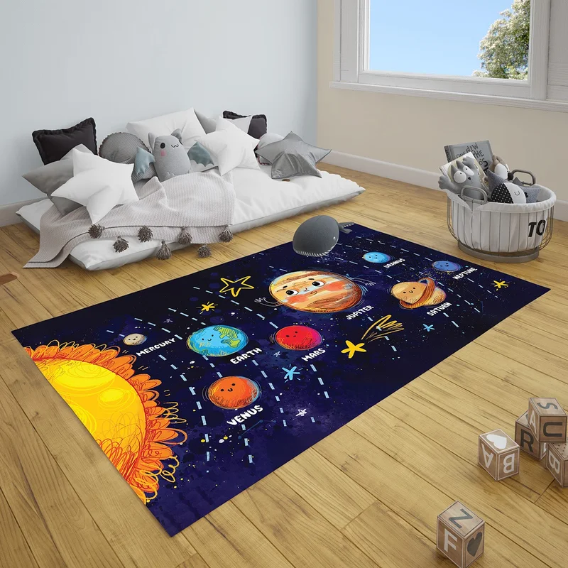 فاجونيك Wagonik Space and Planet Patterned Digital Printed Carpet Non-Slip Based Washable Children's Room Carpet