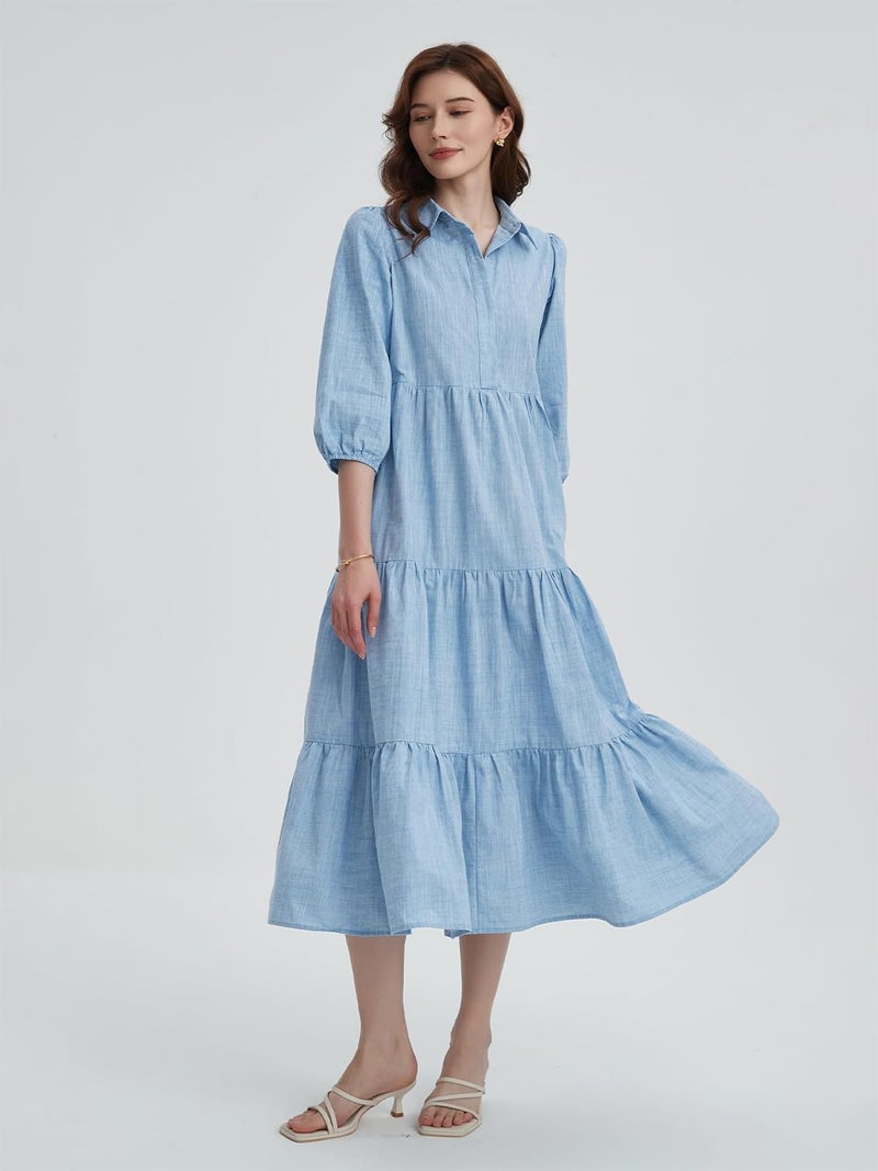 YEXPINE Women's Summer Maxi Dress Casual Button Up Cotton Linen Dress Smocked Flowy Tiered Long Beach Sun Dresses - Image 2