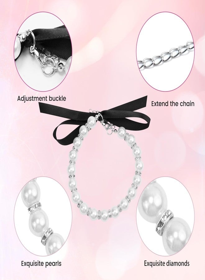 SMLBJUTE Dog Cat Pearl Collar Necklace with Shiny Rhinestones, Elegant Ribbon Bow and Oversized White Pearl Dog Collar for Female Dogs and Cats, Wedding Party Pet Jewelry Accessories (White and Black) - Image 3
