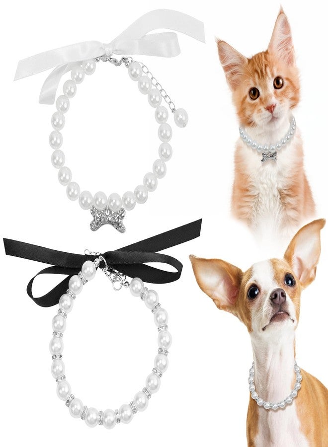 SMLBJUTE Dog Cat Pearl Collar Necklace with Shiny Rhinestones, Elegant Ribbon Bow and Oversized White Pearl Dog Collar for Female Dogs and Cats, Wedding Party Pet Jewelry Accessories (White and Black) - Image 1