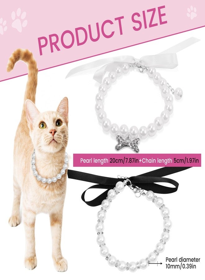 SMLBJUTE Dog Cat Pearl Collar Necklace with Shiny Rhinestones, Elegant Ribbon Bow and Oversized White Pearl Dog Collar for Female Dogs and Cats, Wedding Party Pet Jewelry Accessories (White and Black) - Image 2