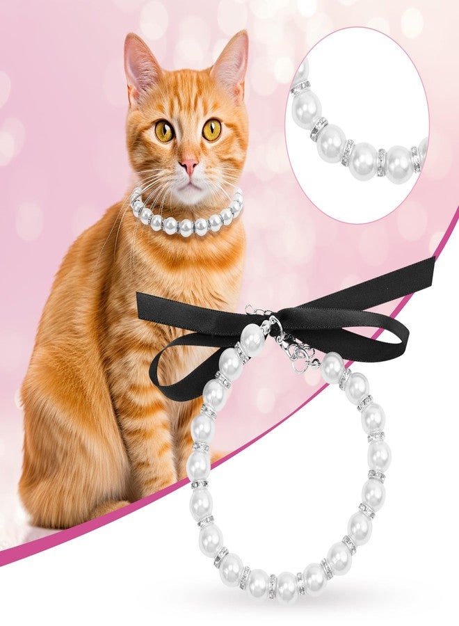 SMLBJUTE Dog Cat Pearl Collar Necklace with Shiny Rhinestones, Elegant Ribbon Bow and Oversized White Pearl Dog Collar for Female Dogs and Cats, Wedding Party Pet Jewelry Accessories (White and Black) - Image 4