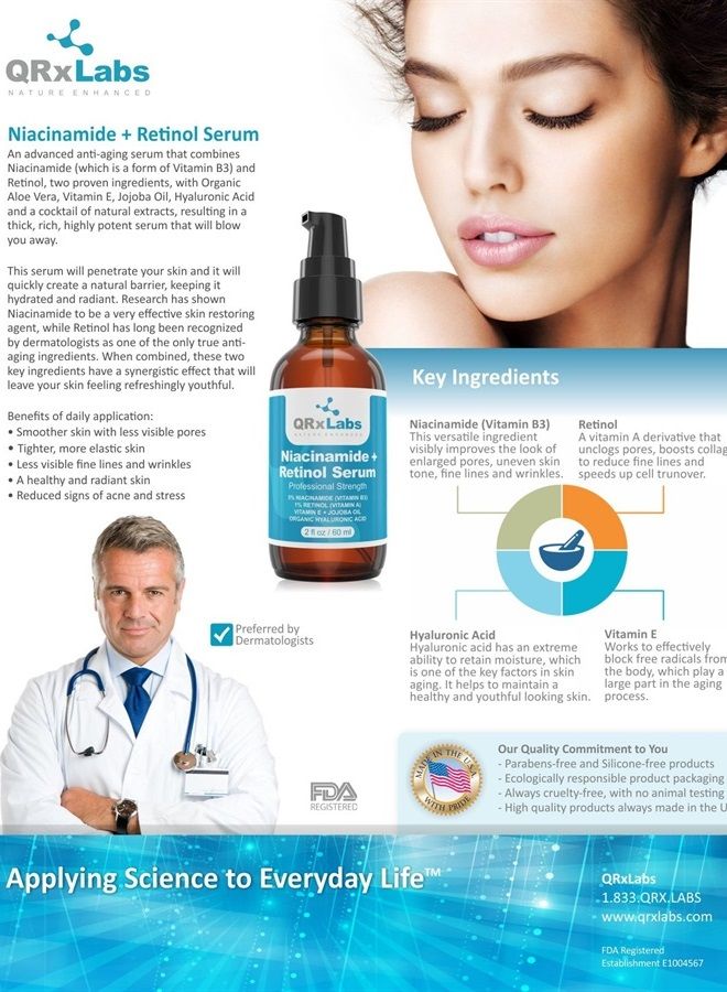 QRxLabs 5% نياسيناميد (فيتامين ب3) + سيروم الريتينول - علاج مضاد للشيخوخة وتقليل التجاعيد - يحارب ظهور حب الشباب ويخفف البقع والعيوب - يقلل من حجم المسام ويشد البشرة - زجاجة كبيرة 2 أونصة - Image 3