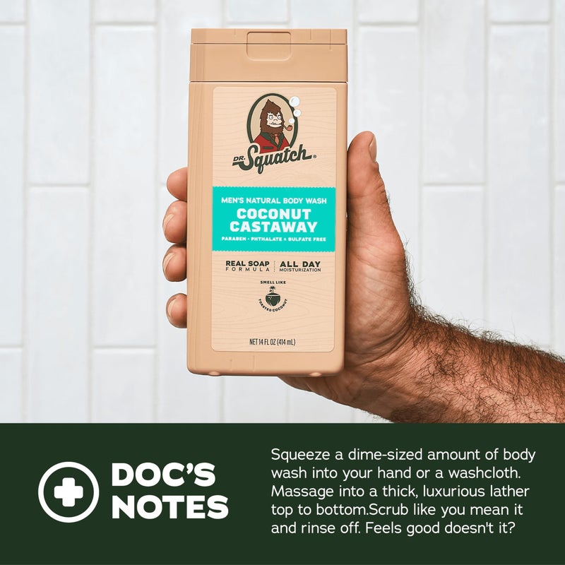 Dr. Squatch غسول الجسم الطبيعي الجديد للرجال من دكتور سكاتش - غير مقشر - جوز الهند كاستاواي + برميل الخشب بوربون (14 أونصة، 2 عبوة) - Image 4