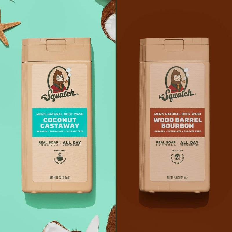 Dr. Squatch غسول الجسم الطبيعي الجديد للرجال من دكتور سكاتش - غير مقشر - جوز الهند كاستاواي + برميل الخشب بوربون (14 أونصة، 2 عبوة) - Image 5