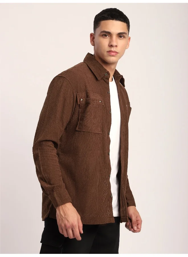Beyoung Brown Corduroy Dual Pocket Shirt