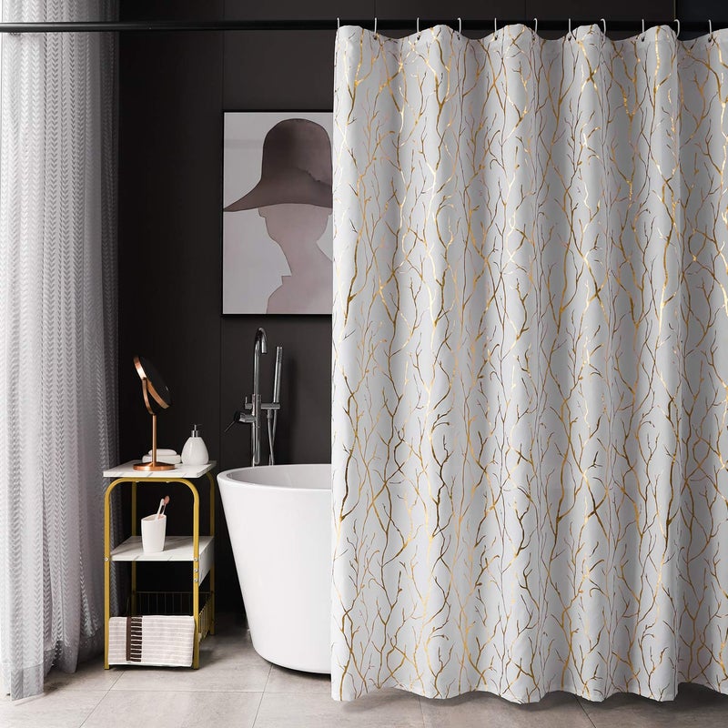 FINECITY White Shower Curtain with Gold Branch Pattern 12 Hooks Included 72 x 72 Inch 1 Panel
