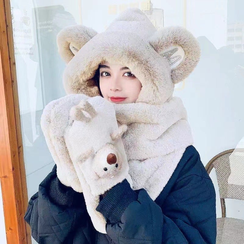 Plush Bear Hat Scarf Gloves 3-Piece Set White [adult with bear thickened version]] 