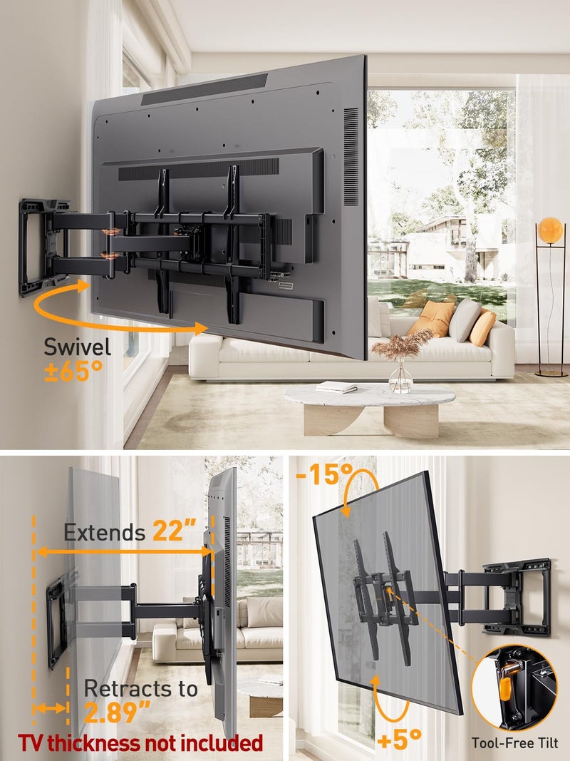 Perlegear UL-Listed Full Motion TV Wall Mount for 42â€“90 Inch TVs up to 150 lbs, Pre-Assembled TV Mount with Tool-Free Tilt, Swivel, Extension, Max VESA 600 x 400mm, 12â€³/16â€³/18â€³/24â€³ Wood Studs, PGLF16 - Image 3