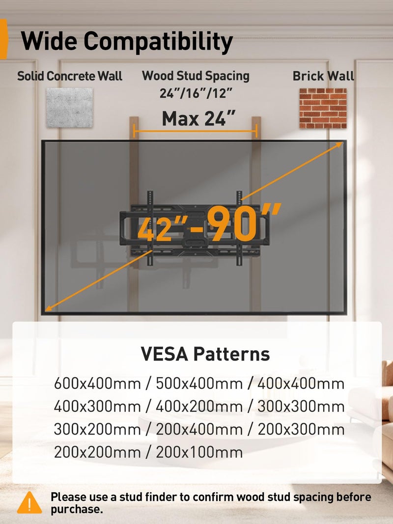 Perlegear UL-Listed Full Motion TV Wall Mount for 42â€“90 Inch TVs up to 150 lbs, Pre-Assembled TV Mount with Tool-Free Tilt, Swivel, Extension, Max VESA 600 x 400mm, 12â€³/16â€³/18â€³/24â€³ Wood Studs, PGLF16 - Image 2