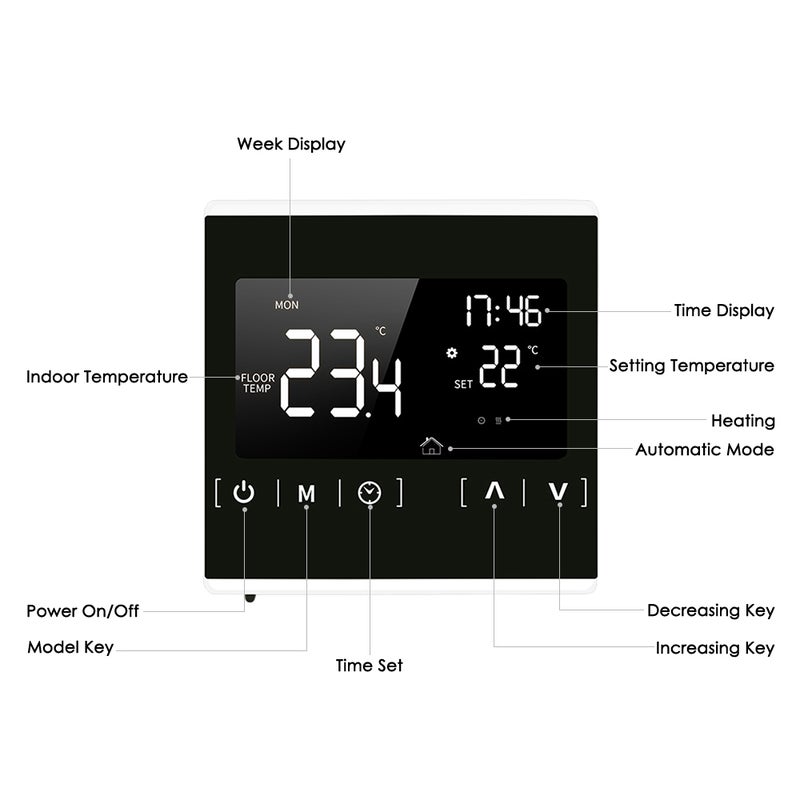 مُنظم حرارة شاشة لمس LCD الذكية منزلية قابلة للبرمجة لنظام التسخين الأرضي الكهربائي - منظم حرارة تحكم درجة الحرارة 85-250V تيار متردد - Image 2