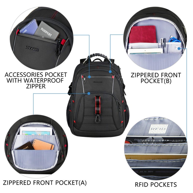 KROSER Travel Laptop Backpack 17.3 inch XL Computer Backpack Stylish College Backpack with RFID Pockets USB Charging Port REFLECTIVE STRIPS Water-Repellent Daypack for Business/Men - Image 3