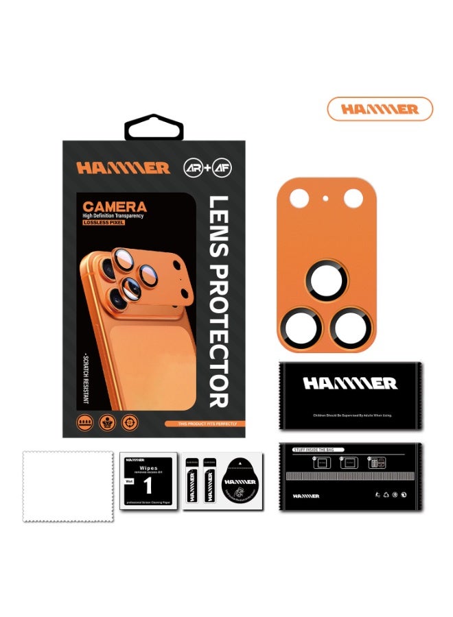 Hammer Camera Lens Protector for iPhone 17 Pro, robust scratch and drop protection, full coverage, 3D metal construction, case compatible, tempered glass camera cover, orange color. - Image 1