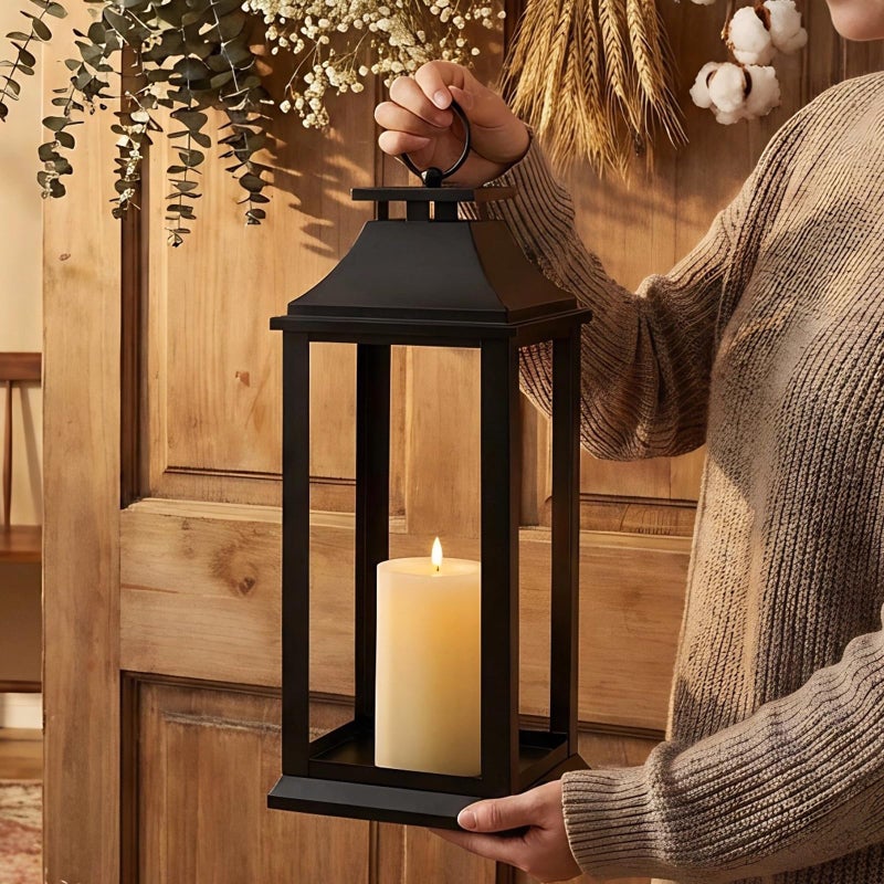 SUJUN Modern Farmhouse Black Lantern Candle Holder â€“ 18â€ Hanging Decorative Lantern for Indoor & Outdoor Home DÃ©cor â€“ Ideal for Parties, Weddings, Porches, and Events (No Glass Panel), Size Medium - Image 3