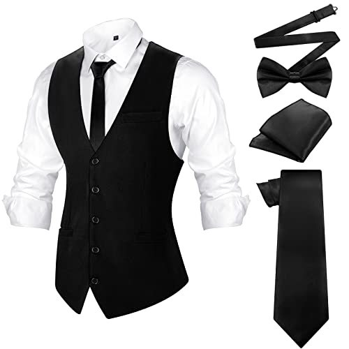 Haysandy Men's Formal Vest Set Business Classic Waistcoat with Necktie Bow Tie and Pocket Square for Tuxedo Wedding Dress (Black, Large) - Image 1