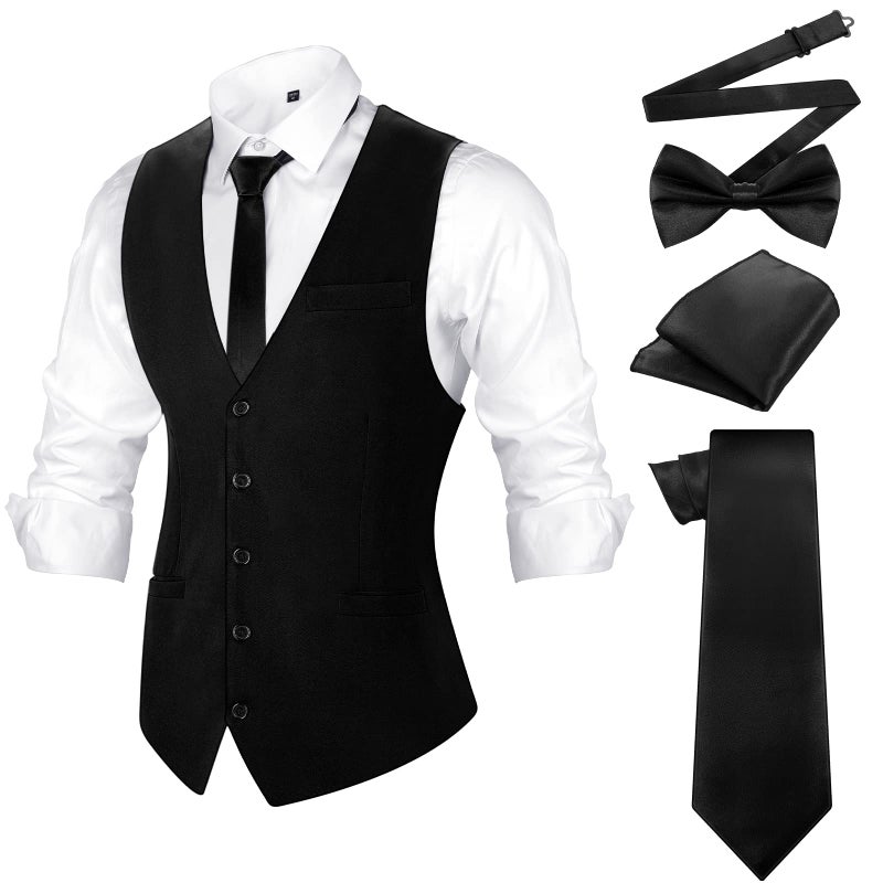 Haysandy Men's Formal Vest Set Business Classic Waistcoat with Necktie Bow Tie and Pocket Square for Tuxedo Wedding Dress (Black, Large) - Image 2