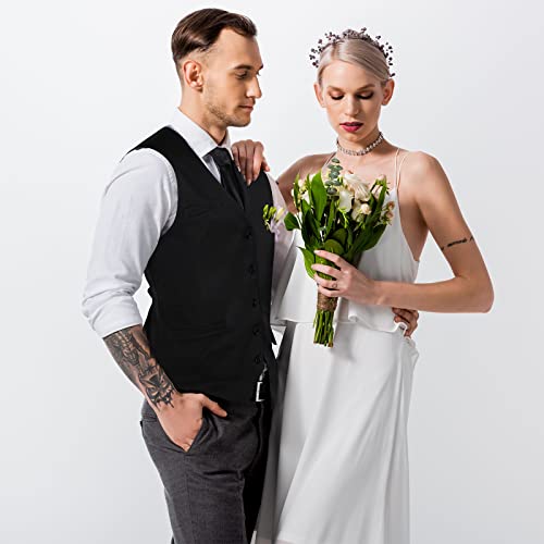 Haysandy Men's Formal Vest Set Business Classic Waistcoat with Necktie Bow Tie and Pocket Square for Tuxedo Wedding Dress (Black, Large) - Image 3