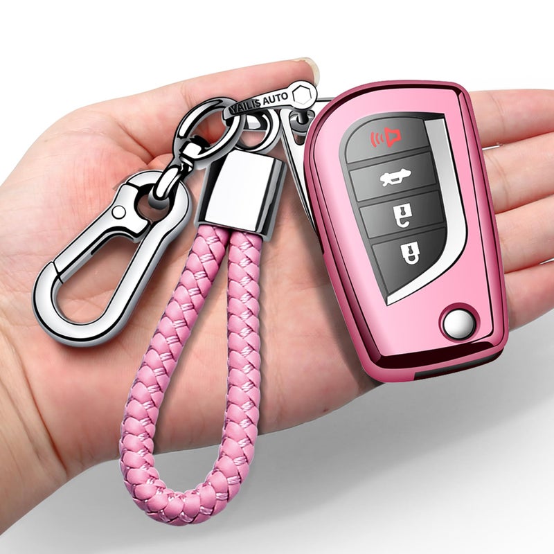 Autophone Compatible with Toyota Key Fob Cover with Keychain Soft TPU 360 Degree Protection Key Case for 2019-2025 RAV4 LE 2018-2024 Camry LE/SE, 2017-2025 Corolla LE/SE Smart Key(Pink)