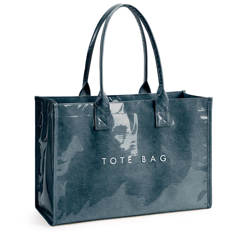 KALIDI FANCY FOREST KALIDI PVC Tote Bag Womenâ€™s Kraft Paper Work Handbags Purses with Top Handle,Navy Blue - Image 1