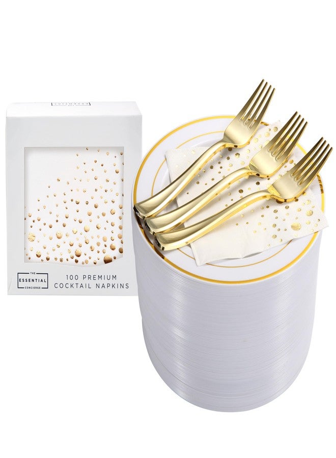 The Essential Concierge Stylish Gold Dessert Plates, Napkins and Forks, 100 7.5 Inch Wedding Cake Plates and Forks with Cocktail Napkins, Plastic Cocktail Plates for Appetizers, Gold Cake Plates for Wedding Reception - Image 1