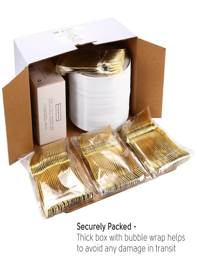 The Essential Concierge Stylish Gold Dessert Plates, Napkins and Forks, 100 7.5 Inch Wedding Cake Plates and Forks with Cocktail Napkins, Plastic Cocktail Plates for Appetizers, Gold Cake Plates for Wedding Reception - Image 3