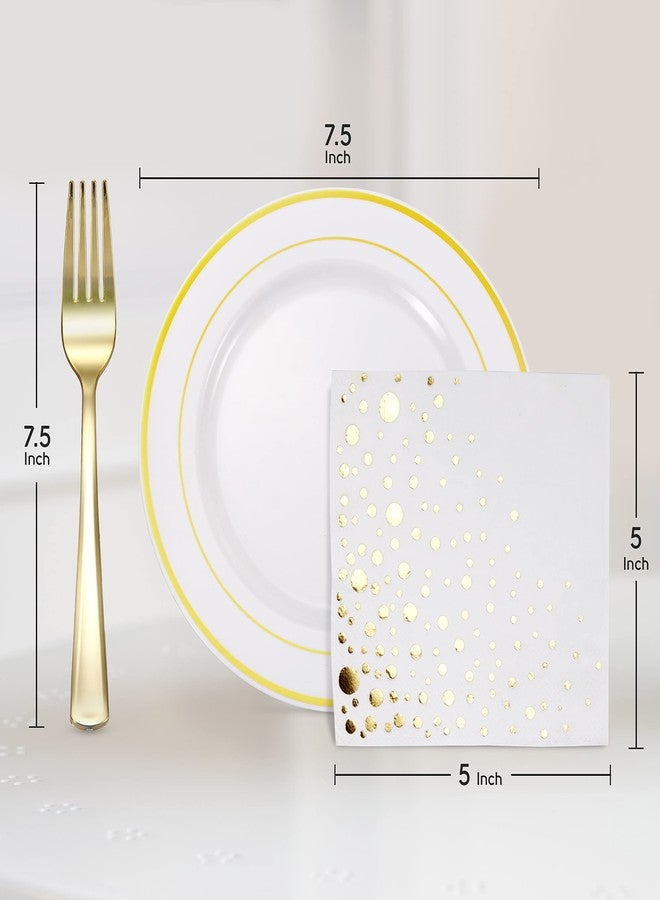 The Essential Concierge Stylish Gold Dessert Plates, Napkins and Forks, 100 7.5 Inch Wedding Cake Plates and Forks with Cocktail Napkins, Plastic Cocktail Plates for Appetizers, Gold Cake Plates for Wedding Reception - Image 5