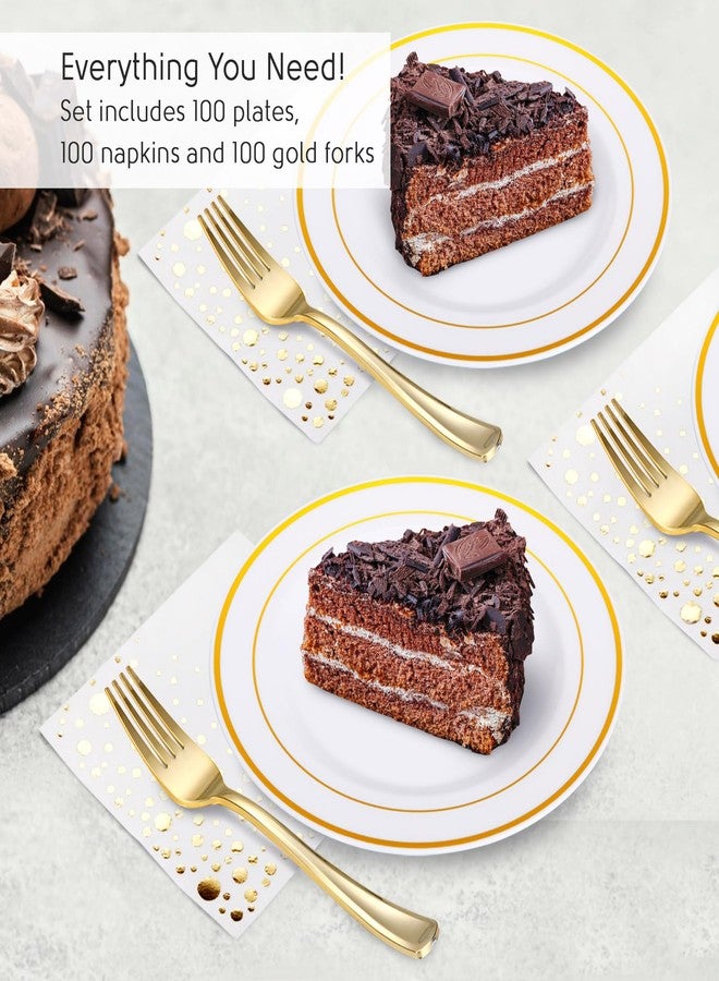 The Essential Concierge Stylish Gold Dessert Plates, Napkins and Forks, 100 7.5 Inch Wedding Cake Plates and Forks with Cocktail Napkins, Plastic Cocktail Plates for Appetizers, Gold Cake Plates for Wedding Reception - Image 2
