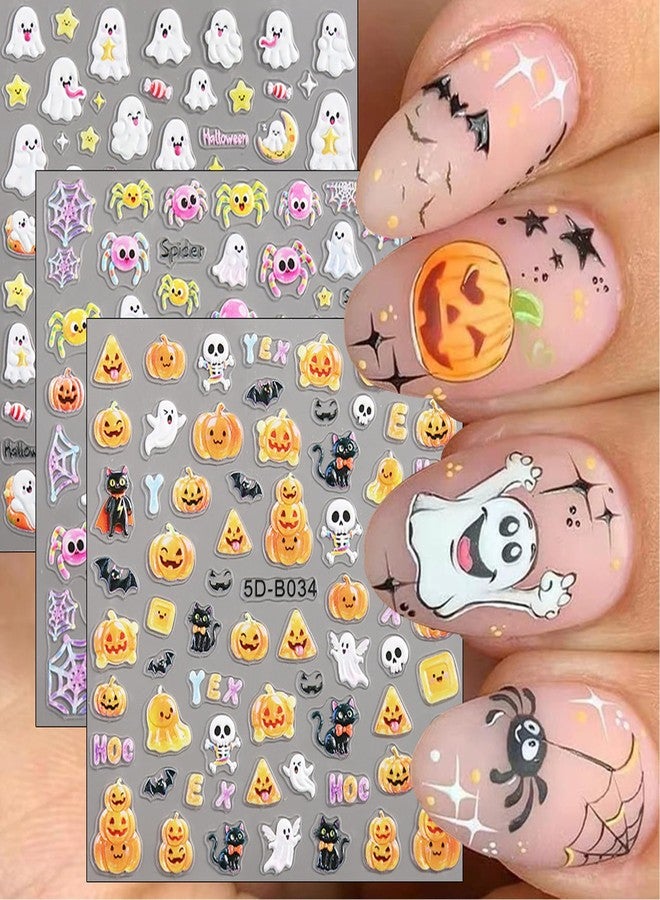 TailaiMei 3 Sheets Embossed Halloween Nail Stickers, Pumpkin Ghost Pumpkin Spooky Self-Adhesive Nail Art Decals for DIY Nail Decorations (2504) - Image 1