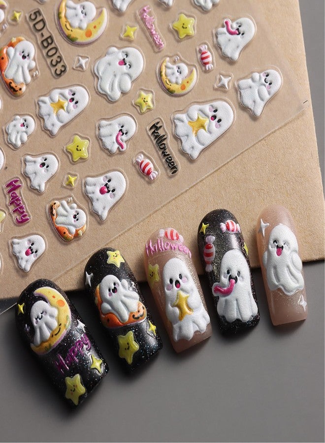 TailaiMei 3 Sheets Embossed Halloween Nail Stickers, Pumpkin Ghost Pumpkin Spooky Self-Adhesive Nail Art Decals for DIY Nail Decorations (2504) - Image 4
