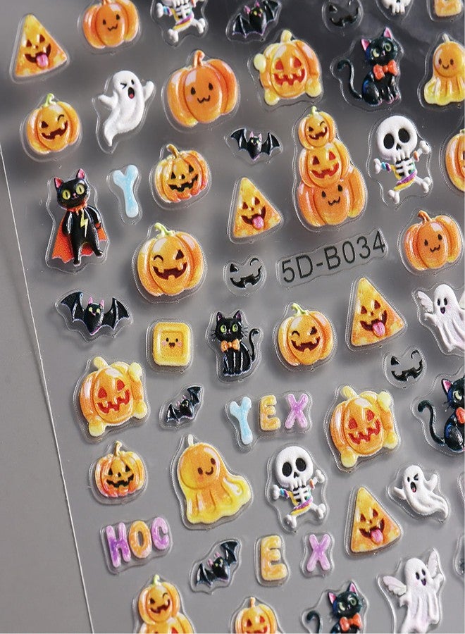 TailaiMei 3 Sheets Embossed Halloween Nail Stickers, Pumpkin Ghost Pumpkin Spooky Self-Adhesive Nail Art Decals for DIY Nail Decorations (2504) - Image 3