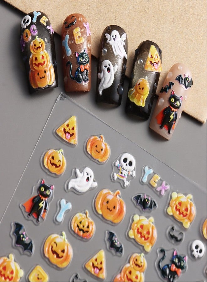 TailaiMei 3 Sheets Embossed Halloween Nail Stickers, Pumpkin Ghost Pumpkin Spooky Self-Adhesive Nail Art Decals for DIY Nail Decorations (2504) - Image 2