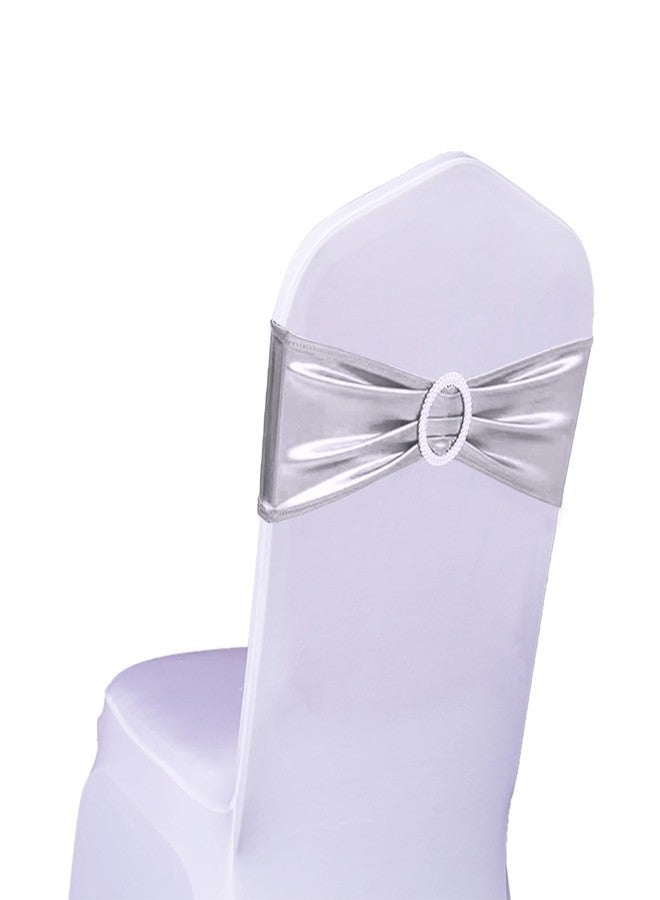 SINSSOWL 50 Pack Stretch Spandex Metal Silver Chair Sashes for Wedding Chair Bows Bands with Slider Buckles Fitting Party Feast Banquet Restaurant Event Bridal Baby Shower Decorations - Image 1