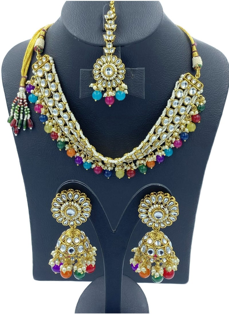 GOHONA - GOHONA Royal Bling Bollywood Traditional Indian Kundan sokar Jewellery Necklace With Earrings Set and 1 Tikka in multicolour - Image 1