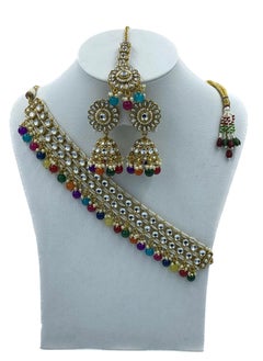 GOHONA Royal Bling Bollywood Traditional Indian Kundan sokar Jewellery Necklace With Earrings Set and 1 Tikka in multicolour