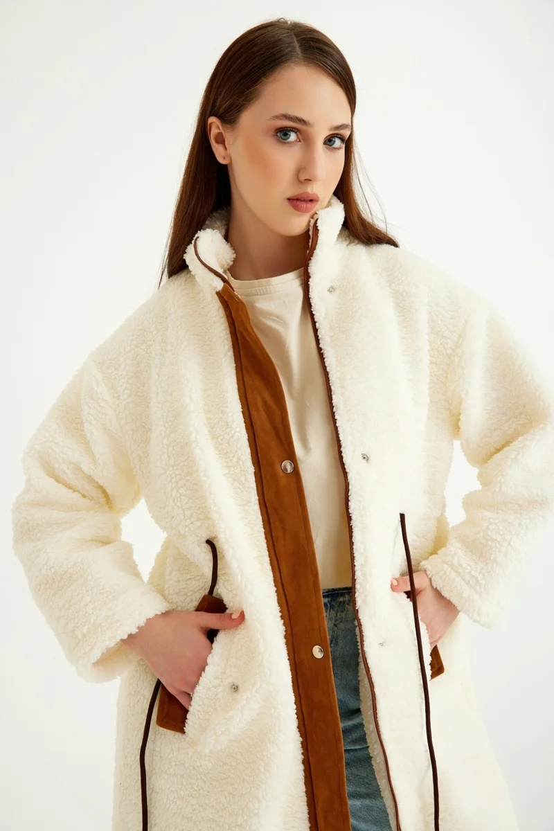 Barbora Plush Waist Lace-up Winter Women's Zippered Lined Fur Jacket WS02KREM4