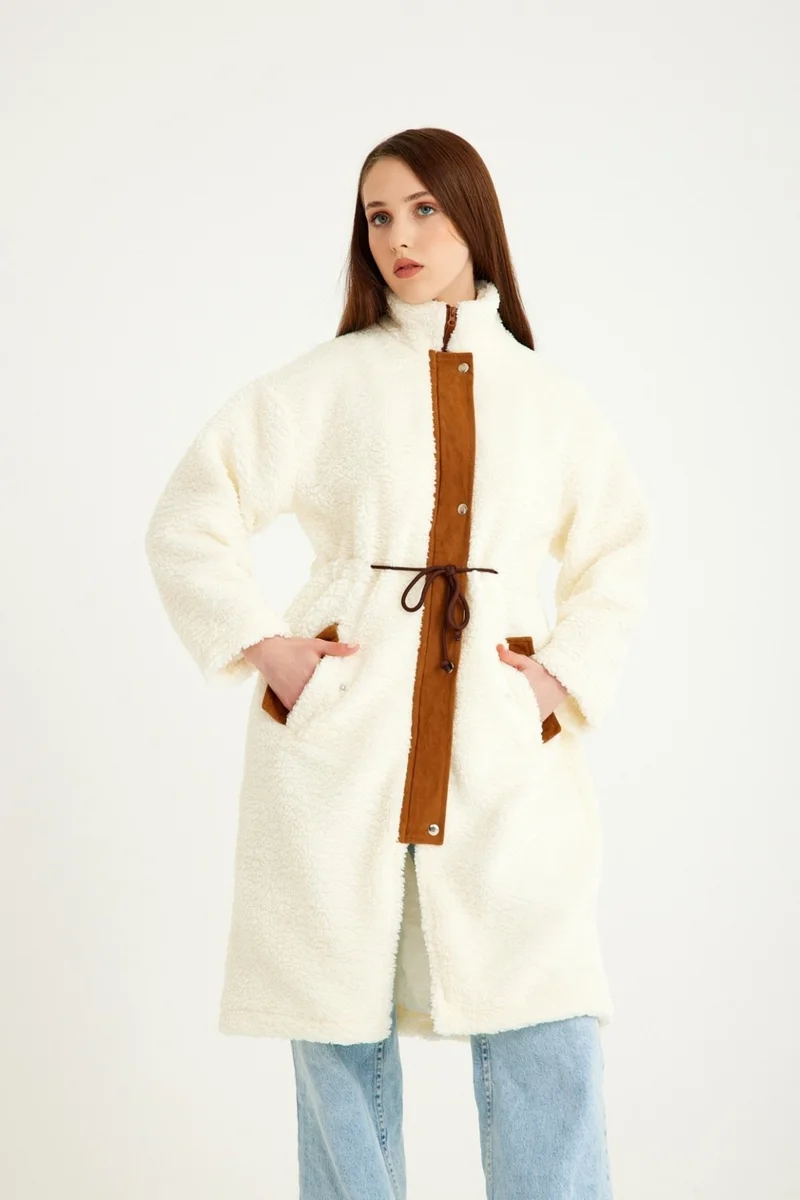 Barbora Plush Waist Lace-up Winter Women's Zippered Lined Fur Jacket WS02KREM4